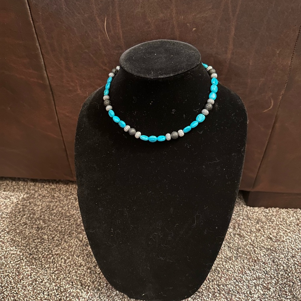 Hand Crafted “One of a Kind” Turquoise, Black Lava & Sterling Silver Choker